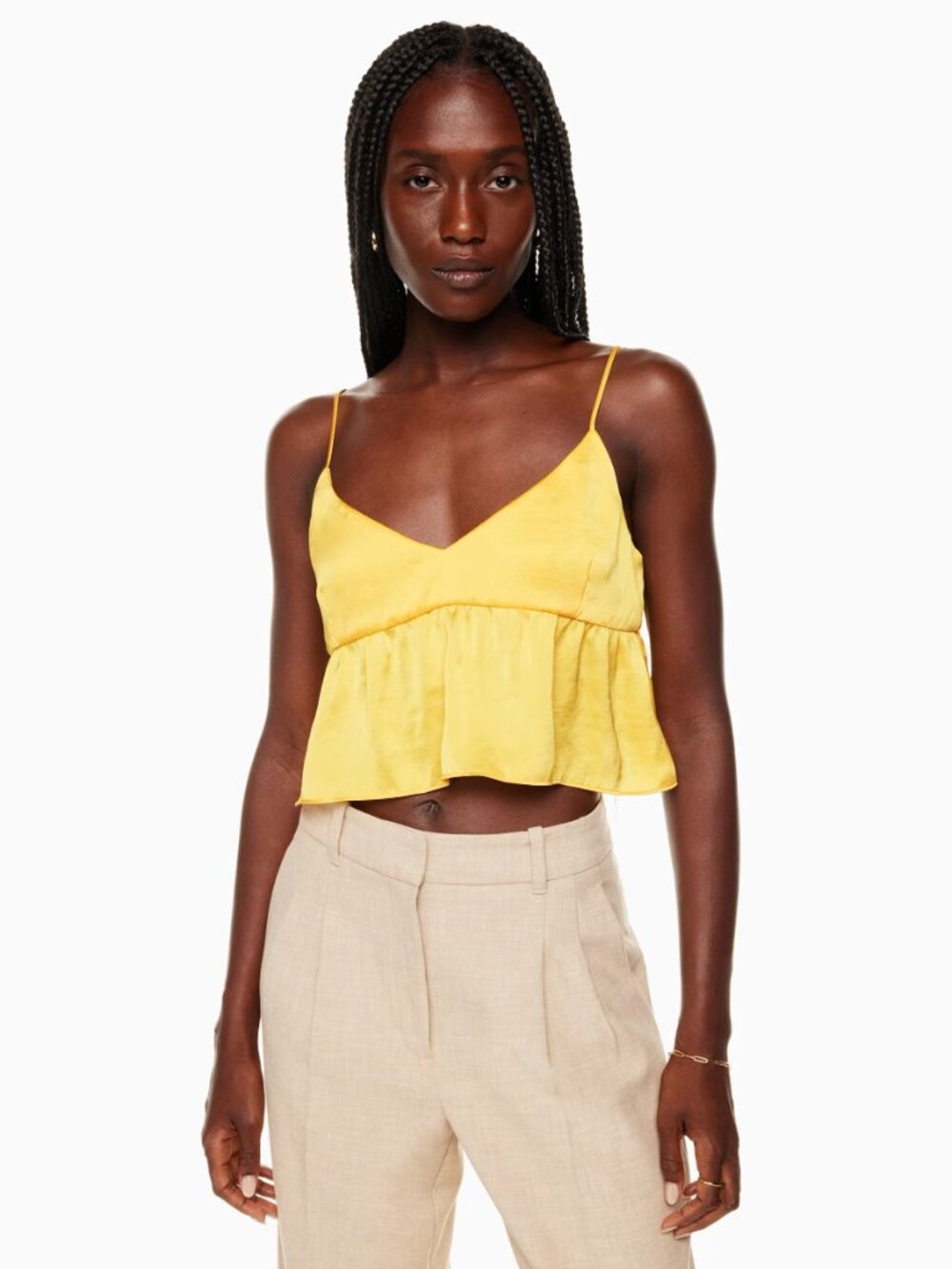 Aritzia LITTLE MOON Lover Gold Yellow Satin Cropped Peplum Tank Top, Size S - Picture 12 of 16